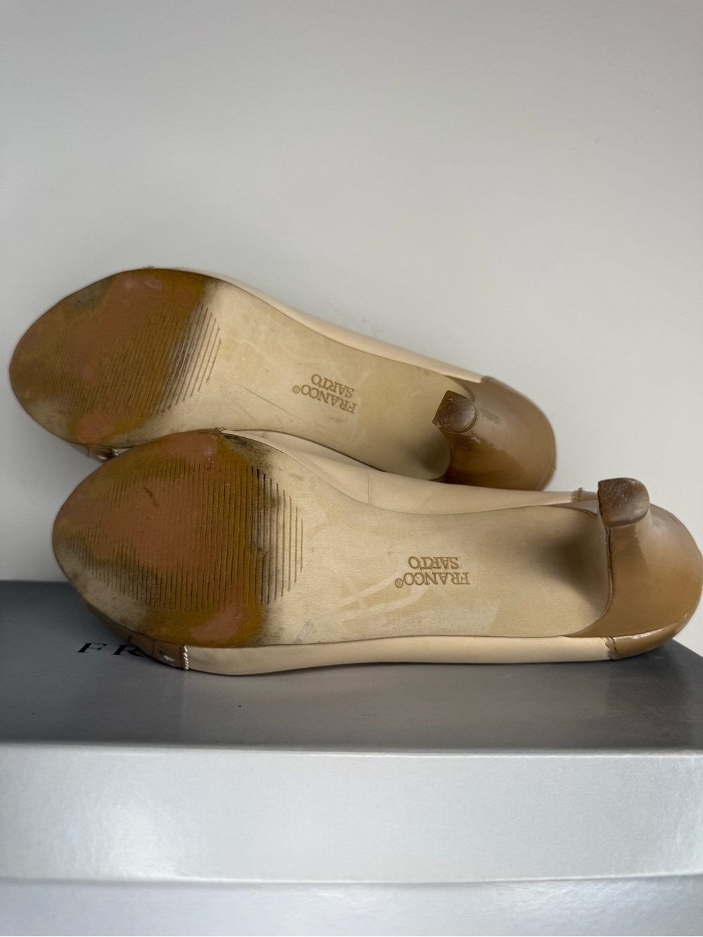 Franco Sarto Two-Tone Beige & Tan Peep-Toe Heels with Bow - Picture 8 of 9